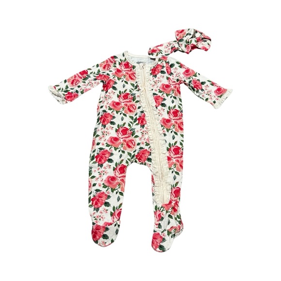 Mud Pie Pink Floral Footies with Matching Headband & Ruffle Zipper New with Tag - Picture 2 of 3